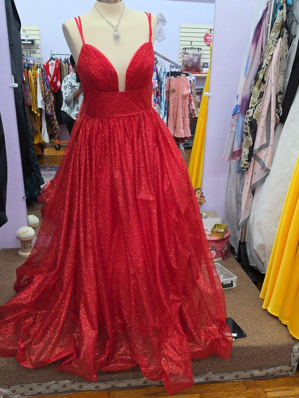 Glittering Red Prom Ball Gown with Plunging V-Neck